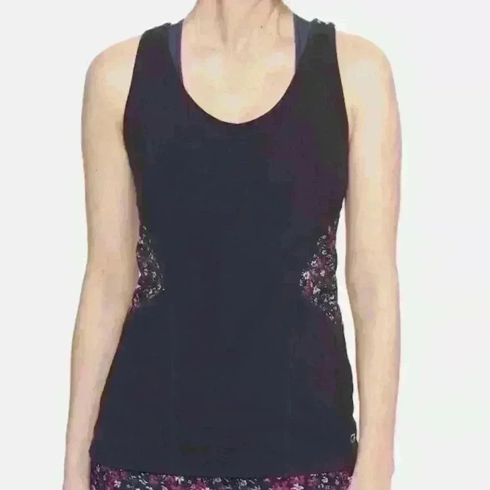 GAP FIT Tank DAISY PRINT Tank Colorblock Racer Back Navy Pink Flower size large - Picture 9 of 9